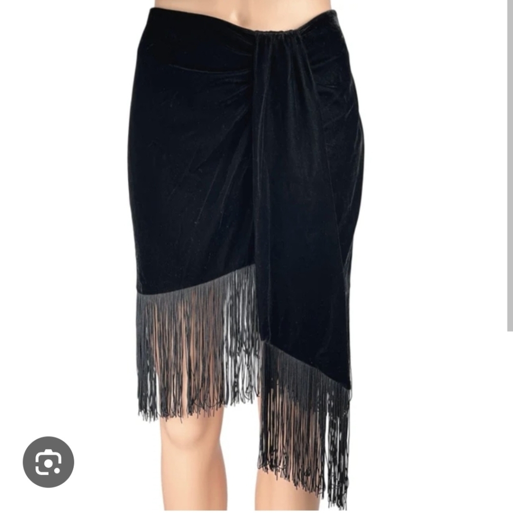 Zara Black Velvet Velour Fringe High Waisted Straight Mini Skirt Size Small
